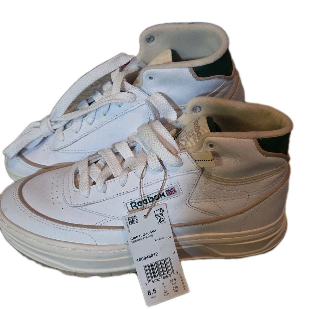 Reebok Club C Geo‎ Mid Womens 8.5M Platform Sneakers White Green 100048012 NEW